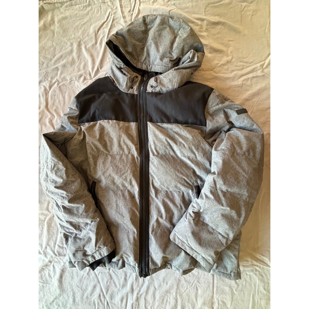 DKNY Mens Puffer Jacket Gray Black Colorblock Hooded Full Zip XL Heavyweight